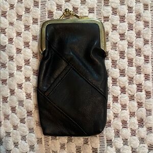 NWOT Vintage Black Leather Coin/Cigarette Purse with Gold Kiss Lock Closure.
